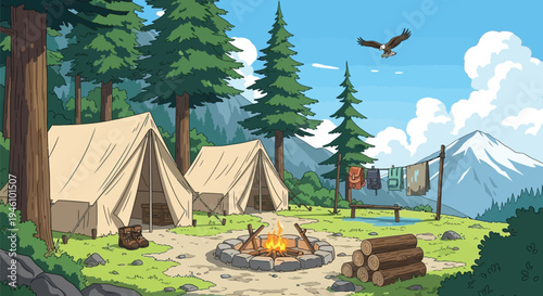 Anime Style Summer Mountain Campsite with Canvas Tents Campfire and Eagle Flying Overhead