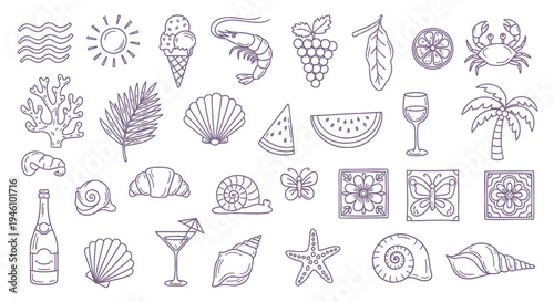 Set of 25 beach icons vector, summer symbols