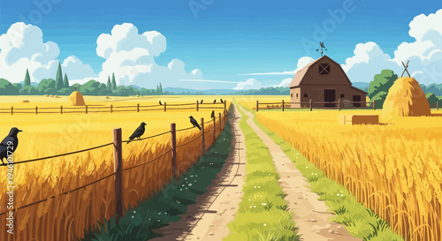 Anime Style Summer Wheat Field Countryside with Wooden Barn Crows on Fence and Dirt Road