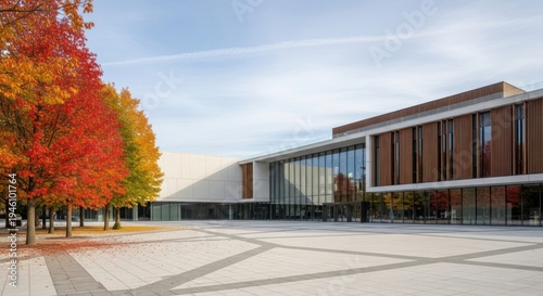 Modern building with autumn trees