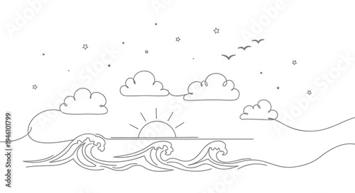 Vector illustration of a simple sea landscape with sun, clouds, and waves