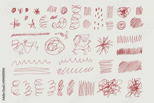 Messy pen scratch abstract hand drawn marks set, red ink scribbles, lines, spirals and chaotic shapes on white background, expressive doodles showing emotion, stress, creativity and artistic concepts