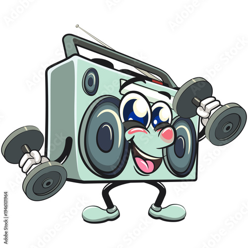cute retro boombox radio mascot character doing barbell lifting workout, isolated vector illustration, work of hand drawn