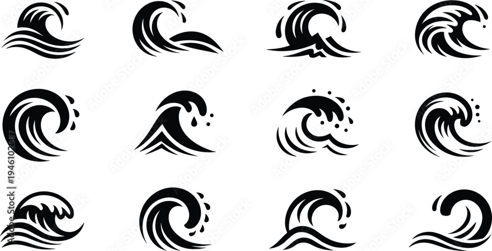 Fototapeta premium Collection of Twelve Stylized Black Wave Icons on a White Background abstract blue