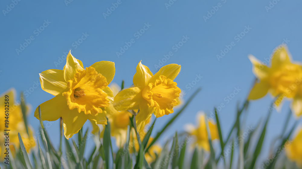 Fototapeta premium Blooming daffodils under clear spring sky