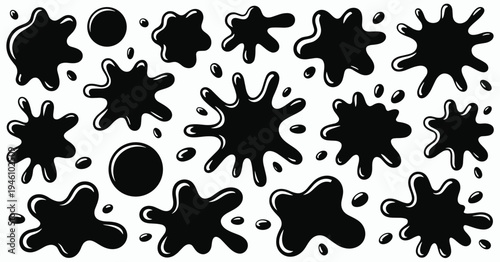 Collection of black ink splatters and drops on a white background splash liquid