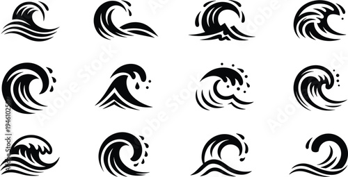 Collection of Twelve Stylized Black Wave Icons on a White Background abstract blue