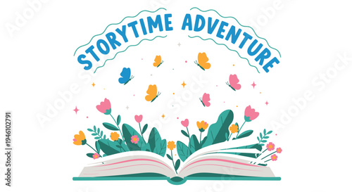 Vector illustration of an open book with colorful flowers and butterflies, Storytime Adventure logo