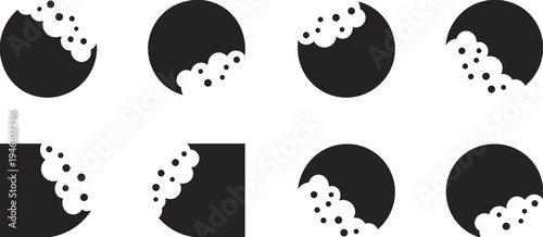 Set of Eight Black Circular and Square Icons with Bite Marks and Bubbles graphic