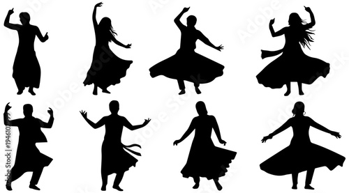 Elegant dancers in various poses performing traditional dance movements