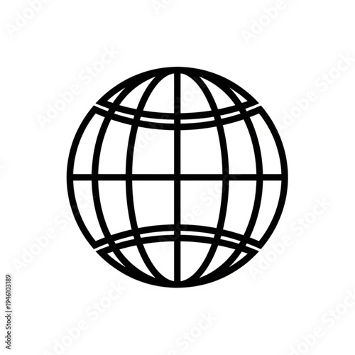 A simple black and white line art illustration of a globe representing the Earth with latitude and longitude lines.