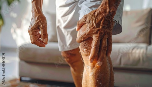 Elderly man holding his knee in pain, wearing white shorts, seated on a beige couch