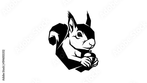 Bold silhouette of squirrel holding nut in black and white design