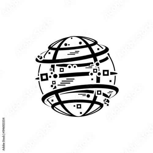 Abstract digital globe with orbiting data streams and geometric shapes, representing global connectivity and technology.