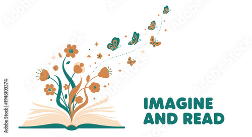 Vector illustration of book with flowers and butterflies, imagine and read
