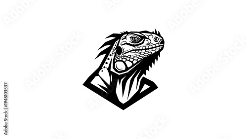 Black and white iguana head design in bold graphic style