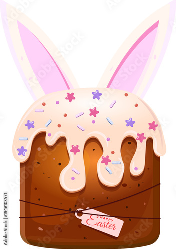Easter cake with bunny ears. Cute traditional Easter cake with bunny ears, icing and Happy Easter tag isolated on white