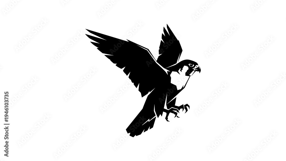 Fototapeta premium Dramatic black silhouette of falcon in flight with spread wings