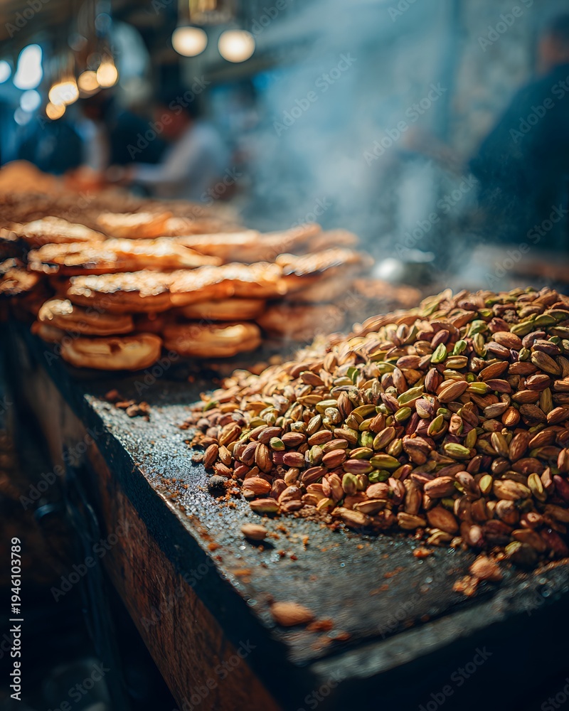 Obraz premium Aromatic roasted pistachios steaming on a rustic market stall, hinting at the vibrant energy and rich flavors of a bustling culinary scene.