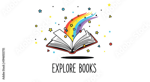 Vector illustration of an open book with rainbow and stars, EXPLORE BOOKS logo