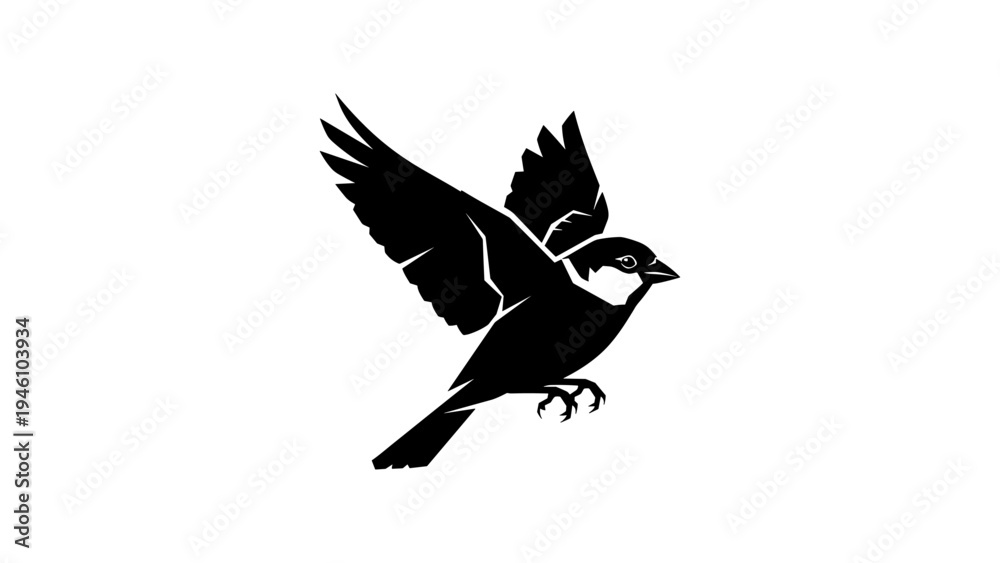 Naklejka premium Sparrow silhouette with spread wings on white background