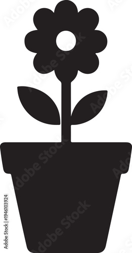 Black potted flower icon silhouette for houseplant decoration, growth, and indoor garden design concepts