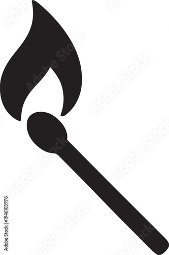 Burning matchstick silhouette icon, flaming match symbol for fire and ignition