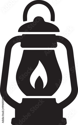 Vintage oil lantern silhouette icon, traditional kerosene lamp symbol for camping and lighting