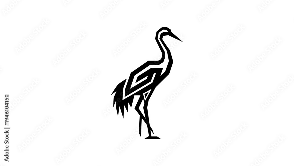 Fototapeta premium Geometric crane silhouette with tribal pattern on white background