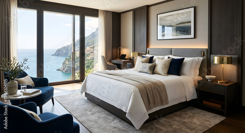 Luxury seaside hotel bedroom with ocean view