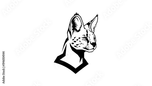 Elegant black and white serval cat portrait in minimalist silhouette design