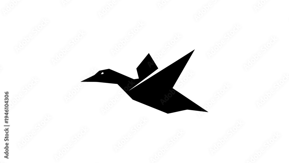 Fototapeta premium Origami bird icon: minimalist black silhouette design on white background