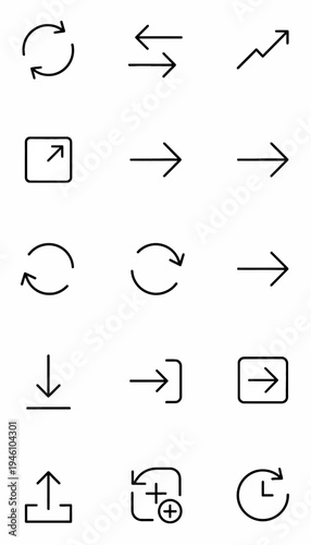 Collection of diverse arrow icons representing various actions and directions including refresh, exchange, expand, forward, download, upload, and timer functions