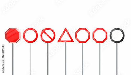 A collection of various red and white circular and octagonal traffic and warning signs on poles, against a white background, each with a black border and silhouette symbol