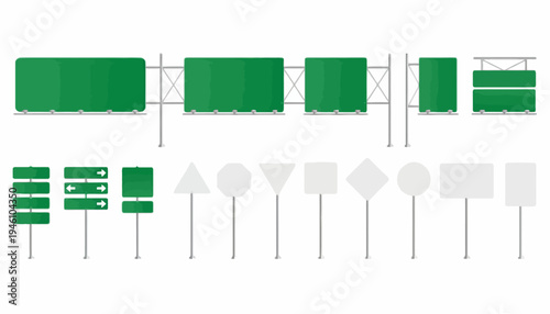 Collection of highway and traffic signs, including directional signs, warning signs, and informational panels on poles