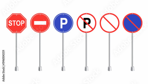 Collection of traffic signs including stop signs, no parking signs, and other regulatory road signs for traffic control