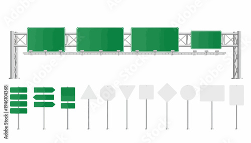 Collection of various highway and road signs including green directional signs and blank white traffic signs