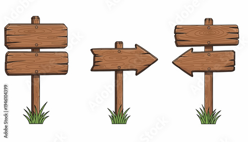 Wooden directional signs with grass at the base, showing options for left, right, and general direction