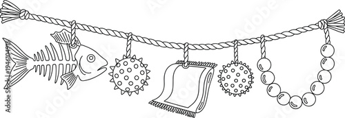 Decorative Rope Garland Hanging Featuring Fish Skeleton spiked Balls Mini Rug and Bead Necklace Symbols for Tribal or Nautical Design