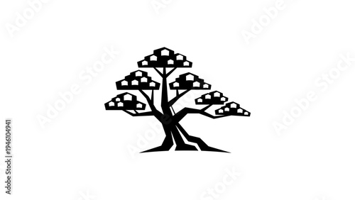 Black silhouette of a stylized bonsai tree on white background