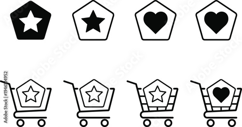 E-commerce Shopping Cart Icon Set Featuring Star Rating Heart Favorite and Pentagonal Badge Symbols for Online Retail Marketing Web Design