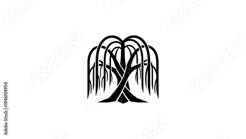 Minimalist silhouette of willow tree with drooping branches on white background