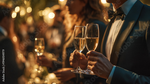 Elegant Guests Toasting with Champagne at a Luxurious Evening Event, Soft Bokeh Lighting