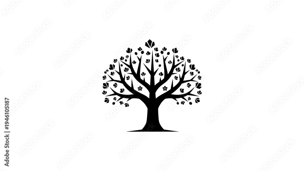 Obraz premium Black silhouette tree with ornamental leaves on white background
