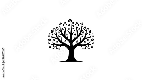 Black silhouette tree with ornamental leaves on white background