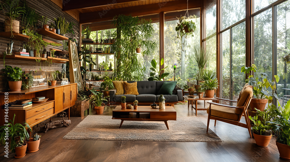 Fototapeta premium Bright Mid-Century Living Room with Indoor Plants, Natural Light, and Wooden Furniture for Home Decor Inspiration