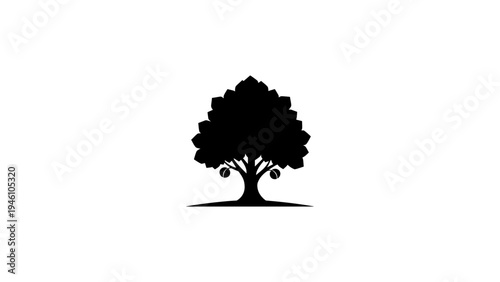 Minimalist silhouette of an apple tree with falling apples on white background