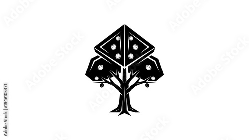 Abstract geometric dice tree design with black silhouette on white background