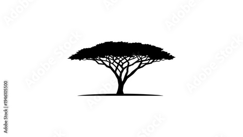 Silhouette of acacia tree with intricate branches and foliage on white background