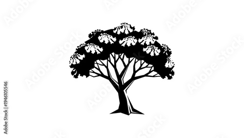 Elegant black and white tree silhouette with detailed branches and leaves
